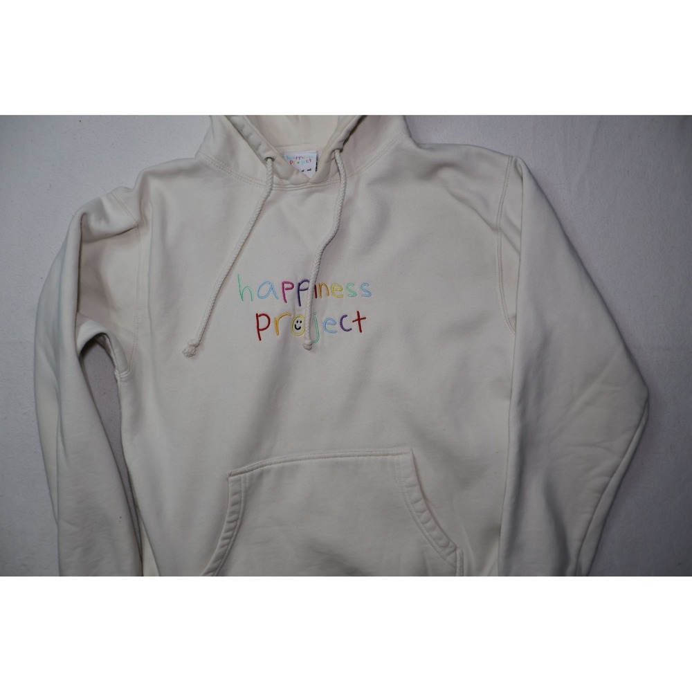 Happiness Project Embroidered Logo Hoodie Cream Off-White Small Sweatshirt